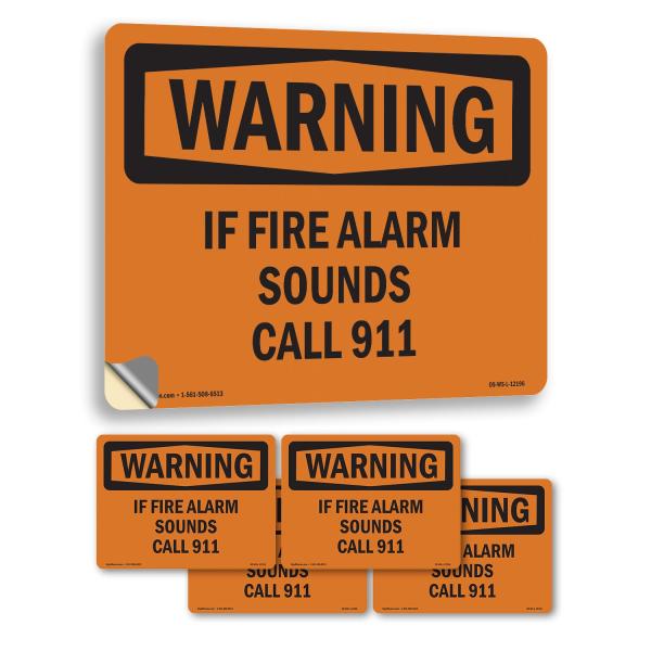 If Fire Alarm Sounds Call 911 OSHA WARNING Vinyl Decal Label 5 Inch x 3.5 Inch - 5 Pack