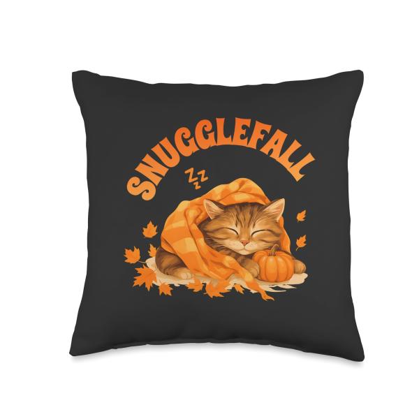 Snugglefall Cozy Cute Cat Lovers Dreamers Autumn Pumpkin Throw Pillow