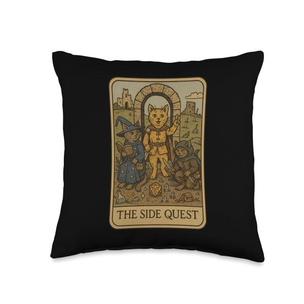 RPG Gamer Cats Funny Side Quest Tarot Card Nerdy Men Women Throw Pillow