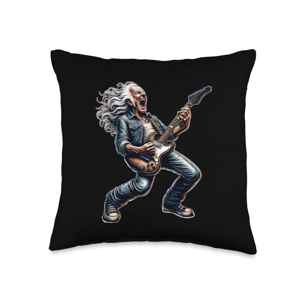 Baby Boomer Rock and Roll Senior Citizen Rock Star Guitarist Throw Pillow
