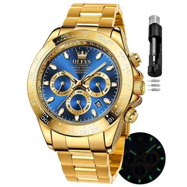 OLEVS Gold Watches for Men Automatic Mechanical Luxury Watch Self Winding Stainless Steel Business Calendar Dress Male Men's Wrist Watch Blue Face