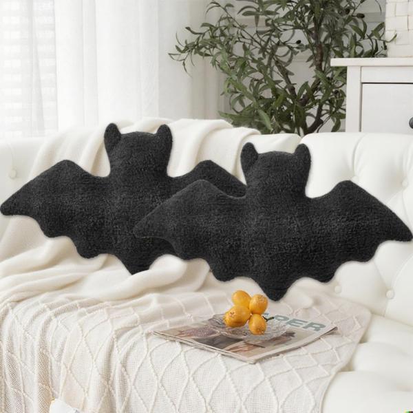 GKWW 2 Pcs Halloween Bats Throw Pillow Furry Bat Plush Pillows Cute Bats Halloween Decor Stuffed Bat Lumbar Pillow for Halloween Decorative Home Sofa