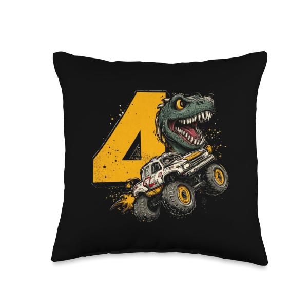 Dino Truck Smash - 4th Birthday for Boys Throw Pillow