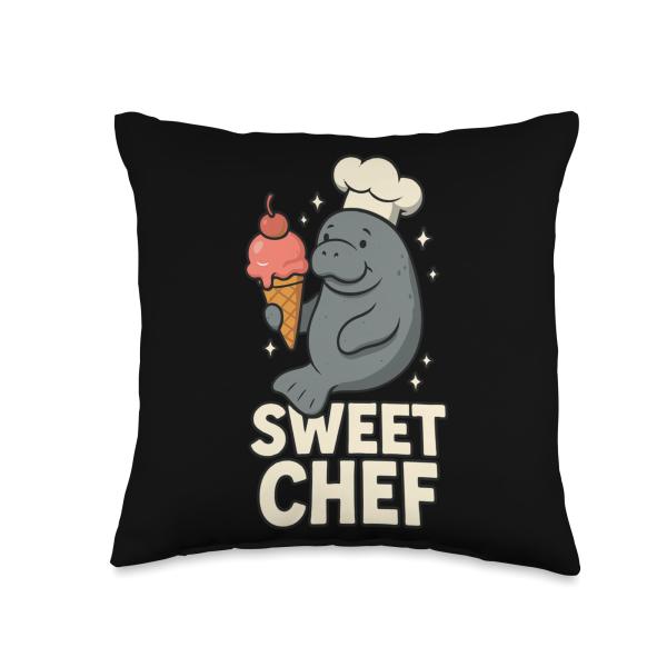Sweet Chef Manatee Holding Ice Cream Throw Pillow