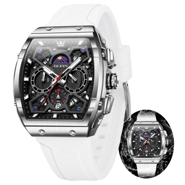 OLEVS White Watches for Men Luxury Fashion Black Square Skeleton Large Face Men's Wrist Watches Unique Silicone Waterproof Men Watch Analog Quartz Chr