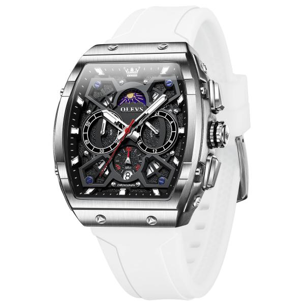 OLEVS White Watches for Men White Silicone Band and Black Skeleton Square Big Face Mens Watches Moon Phase Waterproof Chronograph Nice Watch for Men A