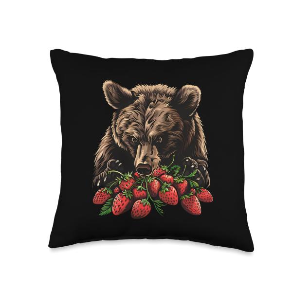 Strawberry Bear Portrait Strawberry Fruit Motif Animal Art Throw Pillow