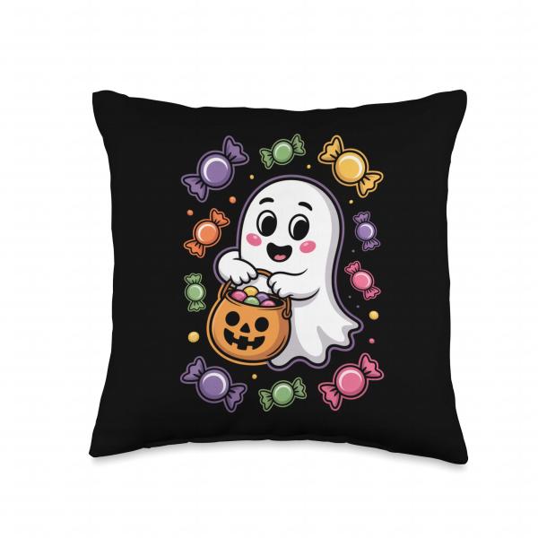 Cute Halloween Trick and Treat Candy Pumpkin Throw Pillow