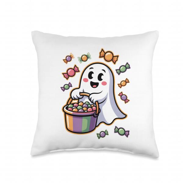 Cute Halloween Trick and Treat Candy Pumpkin Throw Pillow