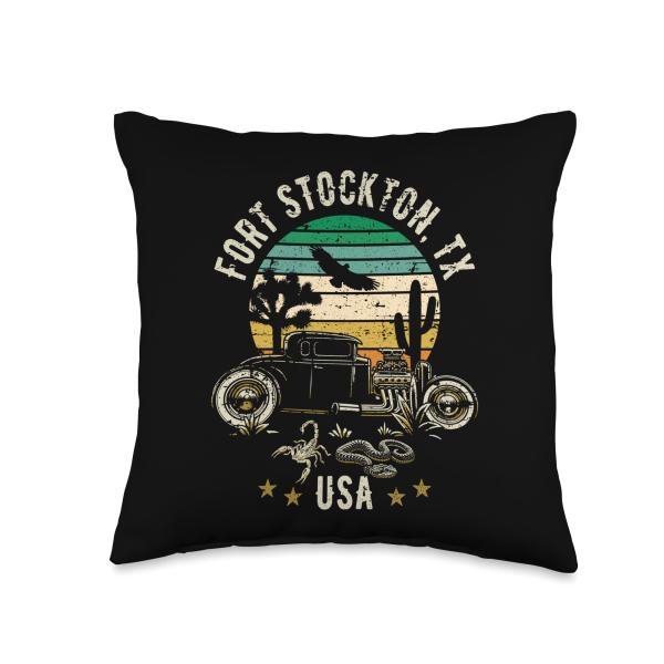 Fort Stockton TX USA Hotrod Retro Desert Sunset Style Design Throw Pillow