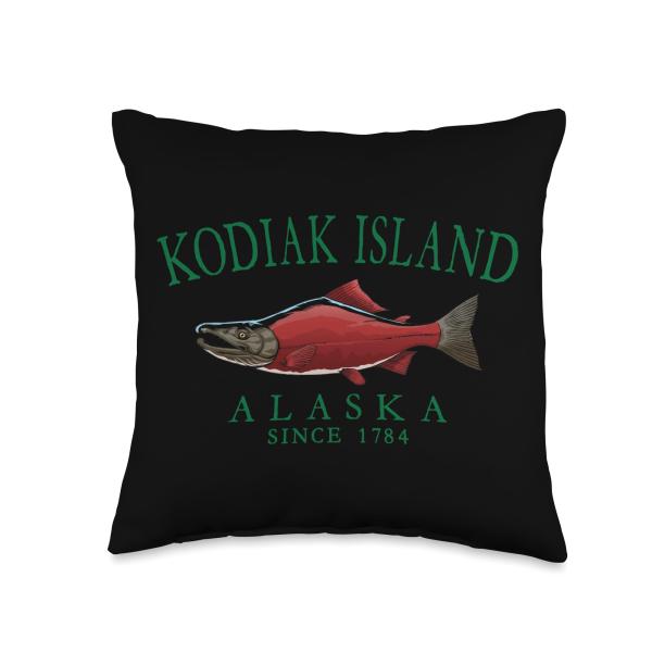 Kodiak Island Alaska Salmon Since 1784 Arched Green Letters Throw Pillow