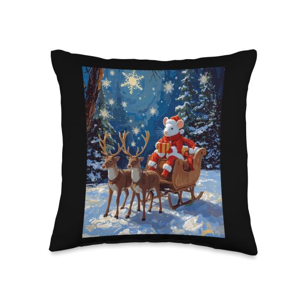 Christmas Mouse Sleigh Reindeer Holiday Winter Snow Throw Pillow