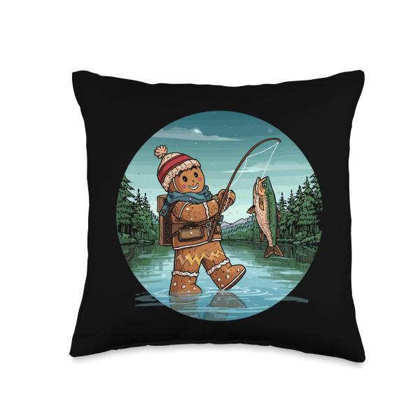 Gingerbread Fisherman Holiday Winter Catch Christmas Throw Pillow