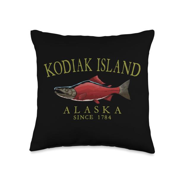 Kodiak Island Alaska Salmon Since 1784 Arched Olive Letters Throw Pillow