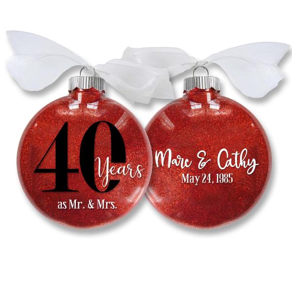40th Anniversary Ornament, Personalized with Names ＆ Date, Celebrating 40 Years Married as Mr. ＆ Mrs. Christmas Ornament in Red Glitter, Gift for Co