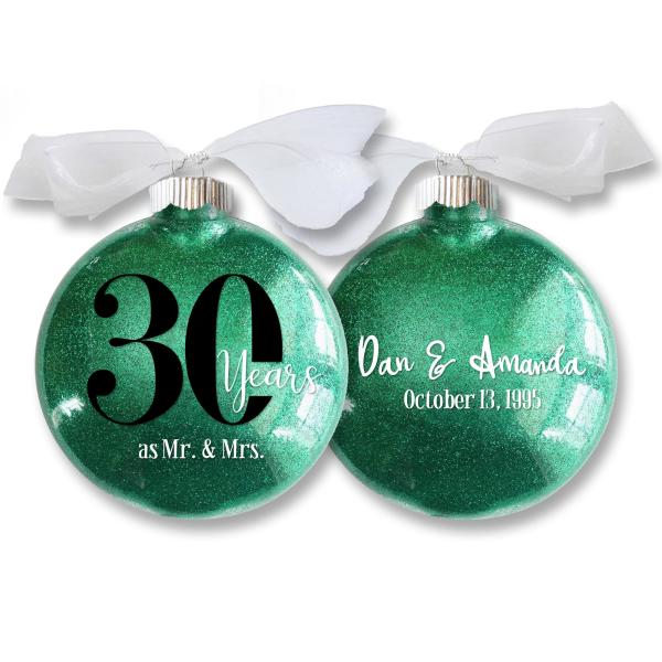 30th Anniversary Ornament, Personalized with Names ＆ Date, Celebrating 30 Years Married as Mr. ＆ Mrs. Christmas Ornament in Green Glitter, Keepsake