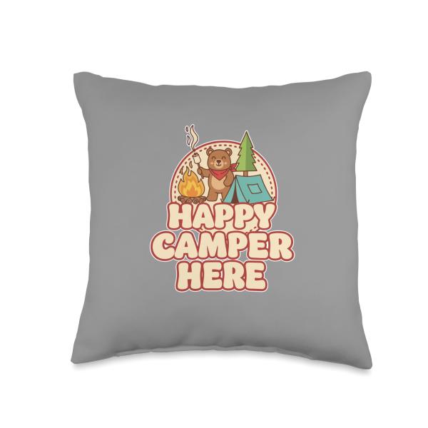 Happy Camping Bear Camper Tent Marshmallow Funny Retro Throw Pillow