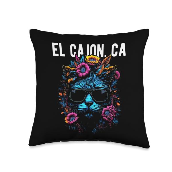 El Cajon California with Cat and Flowers Design Throw Pillow