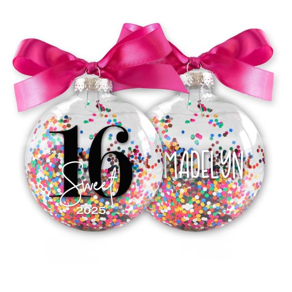 Sweet 16 Birthday Christmas Ornament - Personalized 16th Birthday Keepsake Gift for Teen Girl - Custom Handmade Ornament with Colorful Confetti Inside
