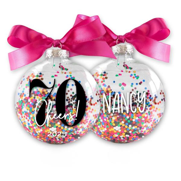 70th Birthday Christmas Ornament - Personalized Cheers to 70 Years Gift - Custom Handmade Ornament with Colorful Confetti Inside
