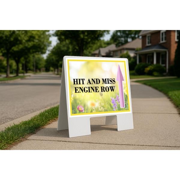 Hit And Miss Engine Row Spring Flowers Yellow Field Up Arrows A-Frame Single Sided 23x23 in. sign