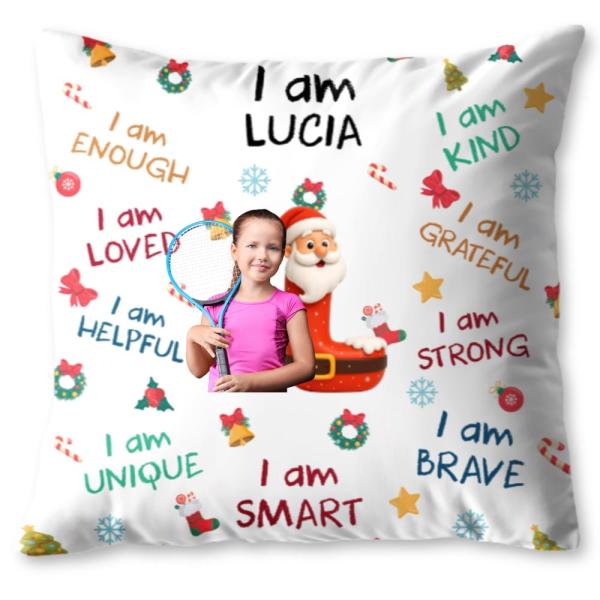 I Am Enough, Loved, Helpful, Unique, Smart With Santa And Elf, Custom Pillow, Gift For Children And Family, Personalized Affirmation Pillow For Kids,