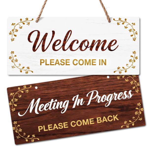 オフィスドア用ミーティングサイン、両面オフィスドアハンガーサイン、アクリルWelcome Please Come In、Meeting In Progress Please Come Back、ホワイトブラウ