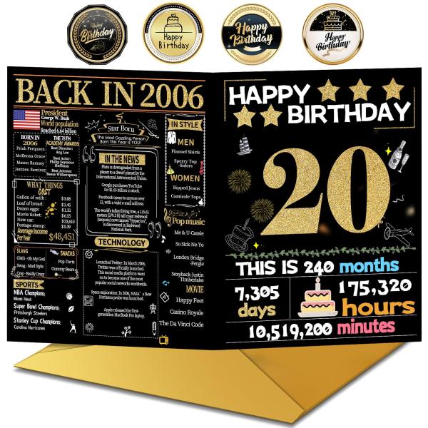 Joycard 20歳バースデーカード 2006年生まれ 懐かし年表デザイン 300gsmリサイクル紙 息子・娘・孫向け 封筒付き