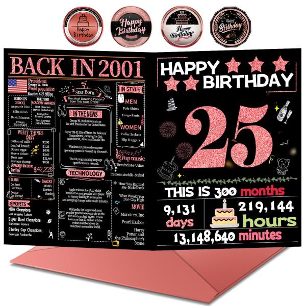Joycard 25歳バースデーカード 2001年生まれ 懐かし年表デザイン 300gsmリサイクル紙 女性・娘・孫娘向け 封筒付き