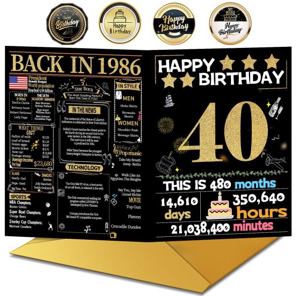 Joycard 40歳 誕生日カード 封筒付き 1986年生まれ レトロデザイン 男女兼用 妻・夫への誕生日プレゼント 300gsmアート紙