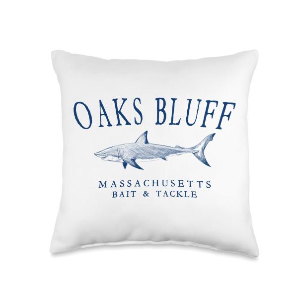 Oaks Bluffs Massachusetts Shark Arched Navy Blue Letters Throw Pillow