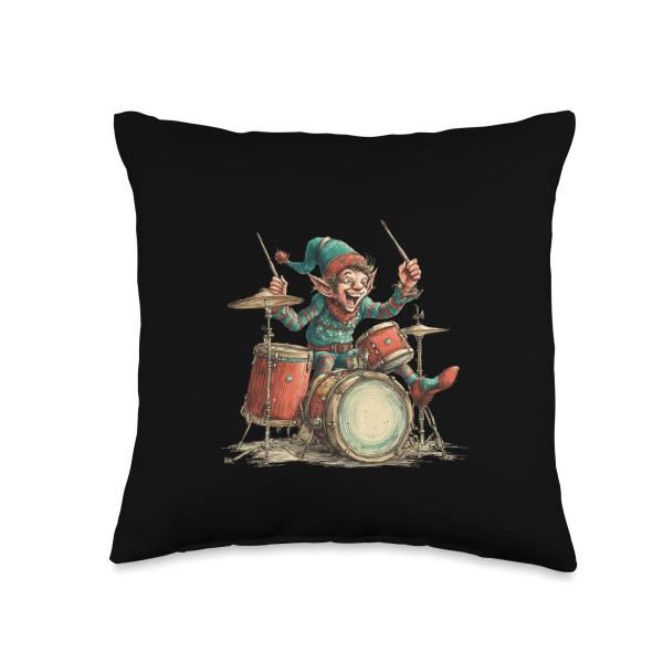 Excited Christmas Elf with Rock'n Roll Drums Costume Throw Pillow