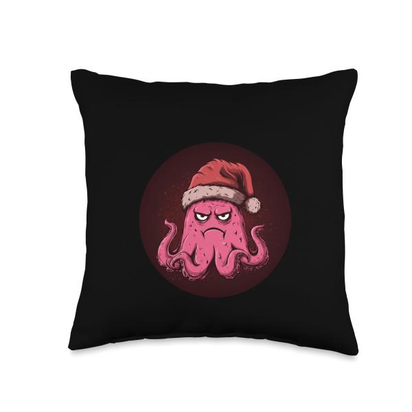 Grumpy Octopus with Christmas Hat for Santa Lovers Throw Pillow