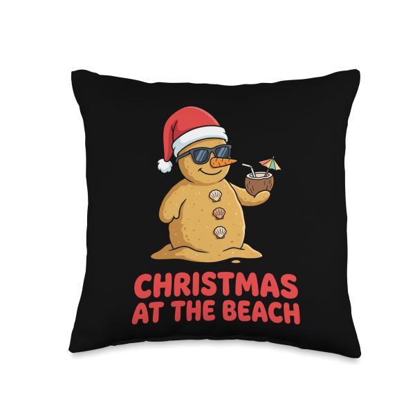 Christmas at The Beach Shirt Funny Sandman Tropical Vacation Throw Pillow