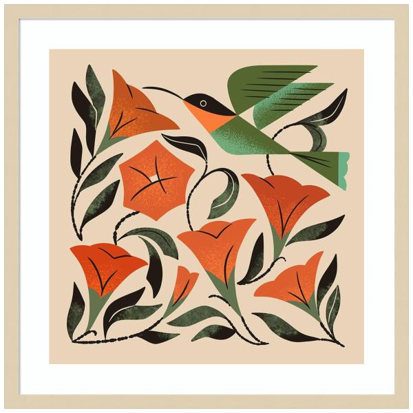 Amanti Art Framed Wall Art Print 25x25 Hummingbird and Trumpet Flowers by Renea l. Thull, Abstract Wall Art, Modern Decor, Medium Poster Painting Artw
