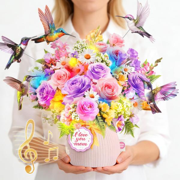 MZD8391 音楽＆ライト付き母の日3Dポップアップカード ハチドリ5羽プルアウト付き「I Love You Mom」メッセージ入り