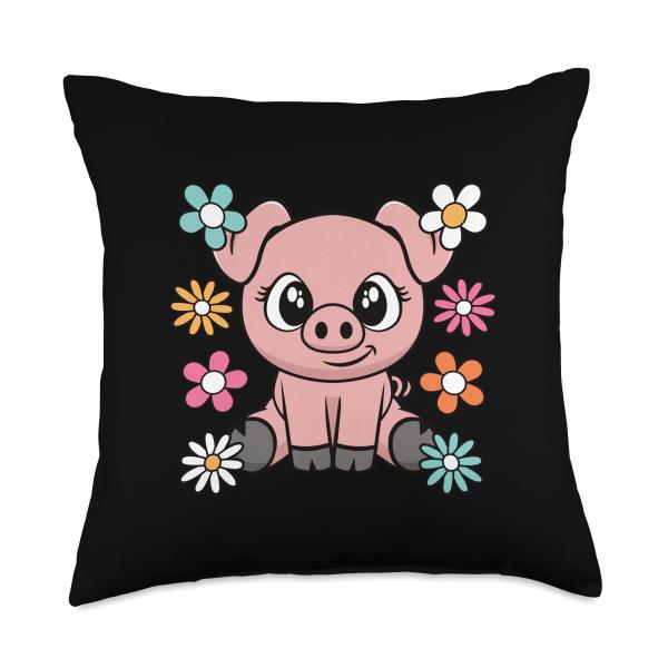 Cute Pig Lover Groovy Piglet Flower Women Girls Kids Throw Pillow