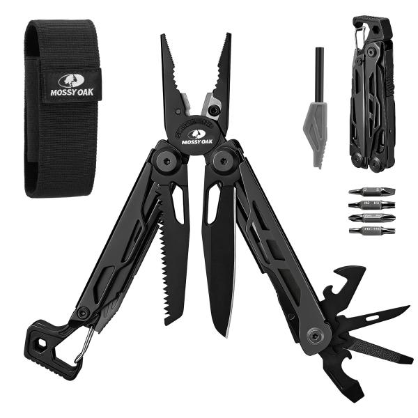 MOSSY OAK CNC-Machined Multitool Pliers, 27-in-1 Multi Tool with Pocket Knife, Fire Starter ＆ Whistle, Bottle Opener, Screwdriver - Self-Locking Surv