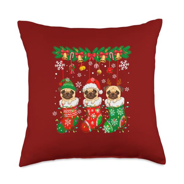 Three Santa Elf Pugs in Colorful Xmas Socks Owner Kids Throw Pillow