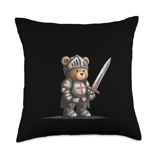 Cool Looking Teddy Bear in Iron Armor for Knight Sword Fans Throw Pillow