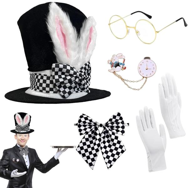 HATINXIA 5pcs Easter Bunny Hat Costume Set - Magic Top Hat with Rabbit Ears, Bow Tie ＆ Pocket Watch Pin for White Rabbit Cosplay, Easter, Magician Pr