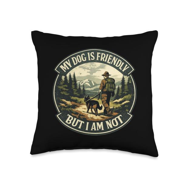 My Dog is Not Friendly Retro Park Badge Humor Forest Hiker Throw Pillow