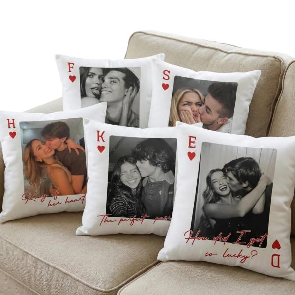 King ＆ Queen Of Heart Custom Couples Photo Lucky Us - Personalized Photo Pillow, King Of Her Heart Pillow, How Lucky Are We Playing Card Couple Valen