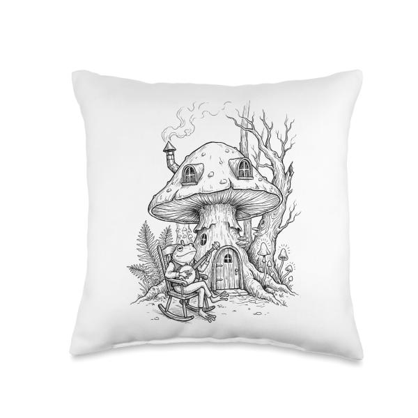 Mushroom House Magic Forest Fantasy Goblin core Cottagecore Throw Pillow