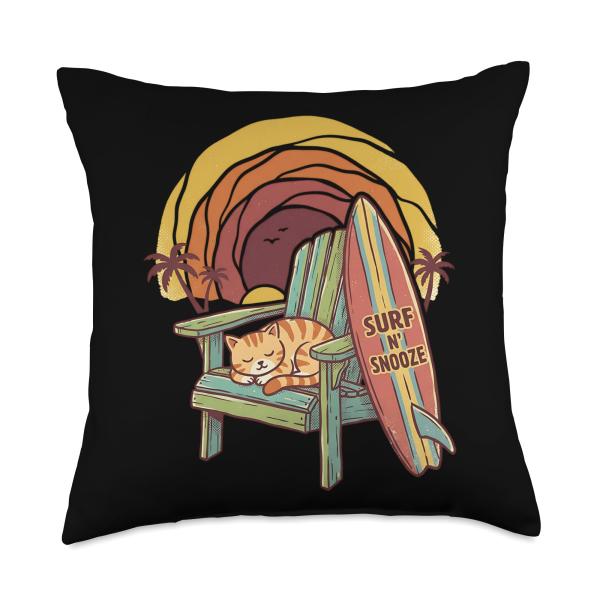 Surf N' Snooze Retro Beach Kitten Surfing Vintage Sunset Throw Pillow