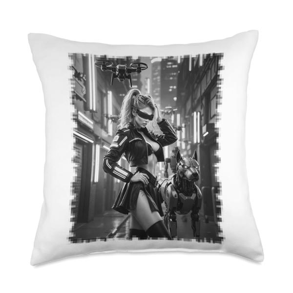 Hot Cyberpunk T Shirt - Sexy Woman Retro Futurism Pinup B＆W Throw Pillow