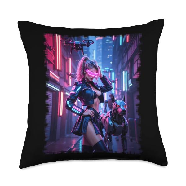 Hot Cyberpunk T Shirt - Sexy Woman Retro Futurism Pinup Throw Pillow