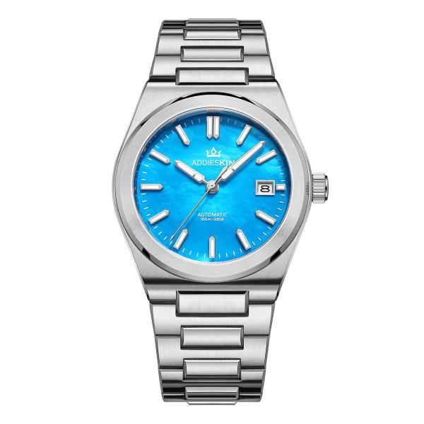 ADDIESKIN Classy Automatic Watches for Men 9015 Movement Display Caseback 100 M Water Resistant Luminous Mother-of-Pearl Blue Dial Luxury Watches for