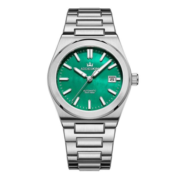 ADDIESKIN 39 mm Mens Automatic Watch 9015 Movement 100 M Waterproof Super Lume Date Pane Pearl Shell Green Dial Analog Mens Casual Wristwatch