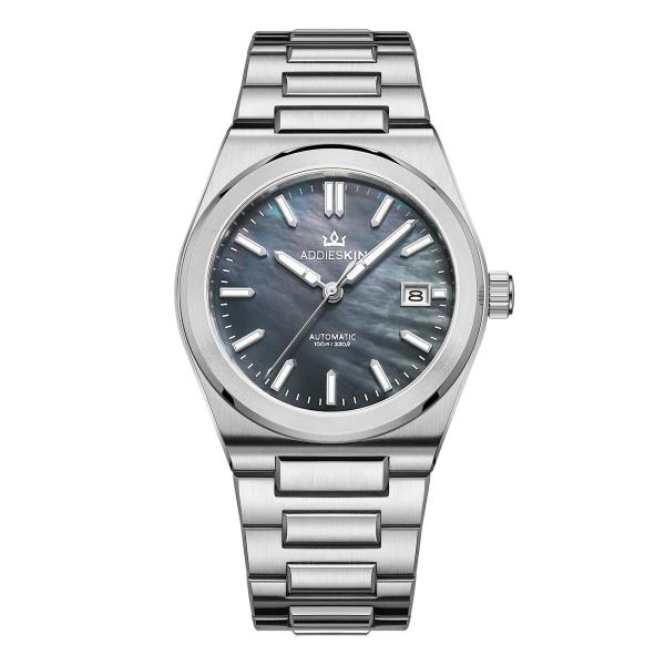 ADDIESKIN Automatic Watches for Men Sapphire Glass 10 Bar Waterproof Luminous Date Display Dyed Natural Mother-of-Pearl Black Dial Elegant Mens Dress
